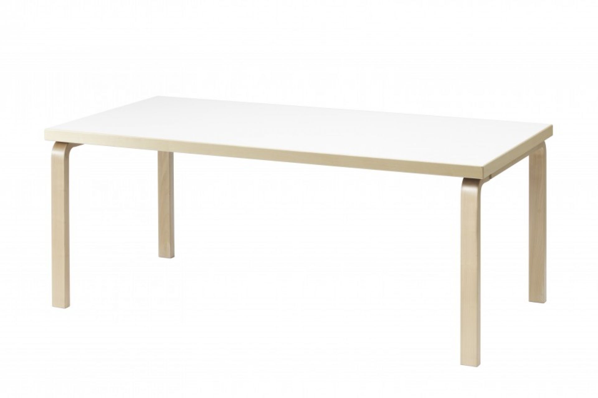Artek Tisch 83 mit weißer Tischplatte und hellen Holzbeinen, skandinavisches Design für Esszimmer oder Büro.